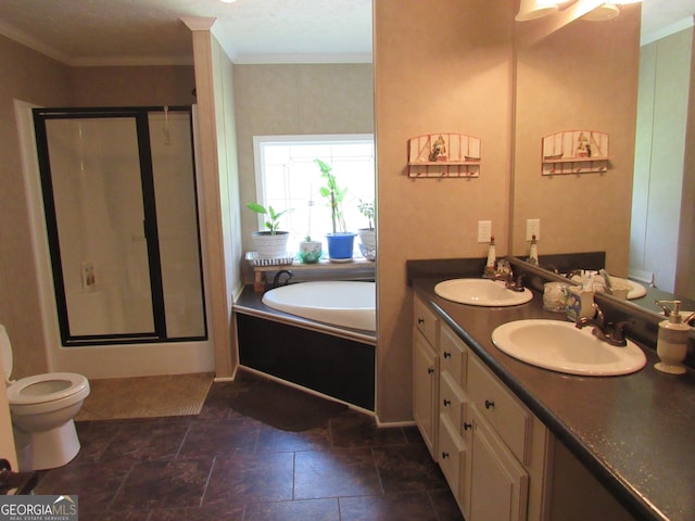 full bathroom featuring vanity, ornamental molding, plus walk in shower, and toilet