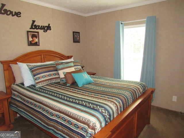 carpeted bedroom featuring ornamental molding