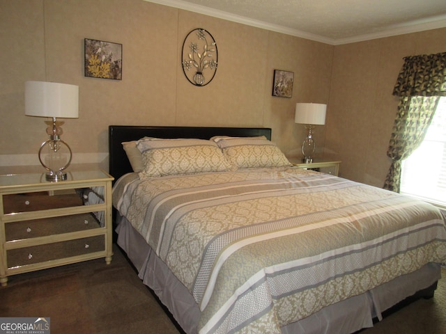 carpeted bedroom featuring crown molding