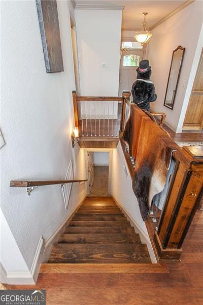 stairway featuring dark hardwood / wood-style floors and ornamental molding