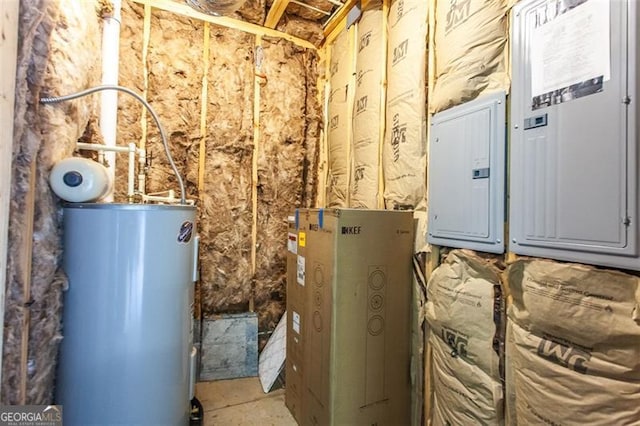 utility room featuring water heater and electric panel