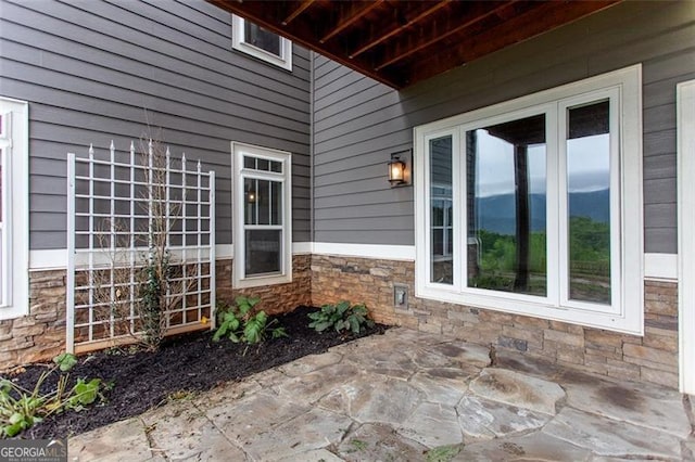 view of patio featuring a mountain view