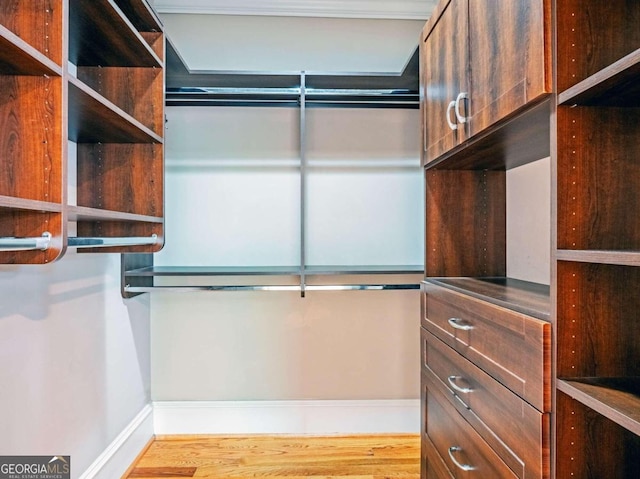 walk in closet with light wood-type flooring