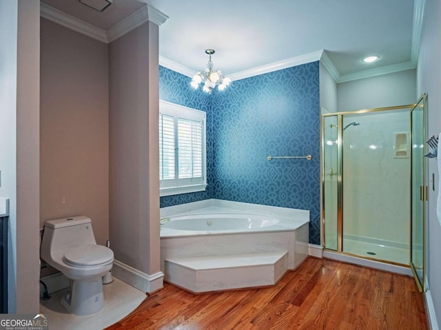 bathroom featuring shower with separate bathtub, hardwood / wood-style floors, and ornamental molding