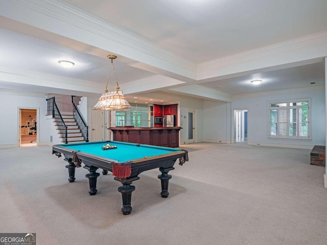 playroom with pool table, light colored carpet, and crown molding