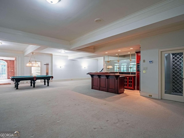 playroom featuring beam ceiling, pool table, light colored carpet, and ornamental molding