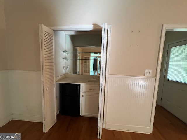 interior space featuring white cabinetry, dark hardwood / wood-style flooring, and sink