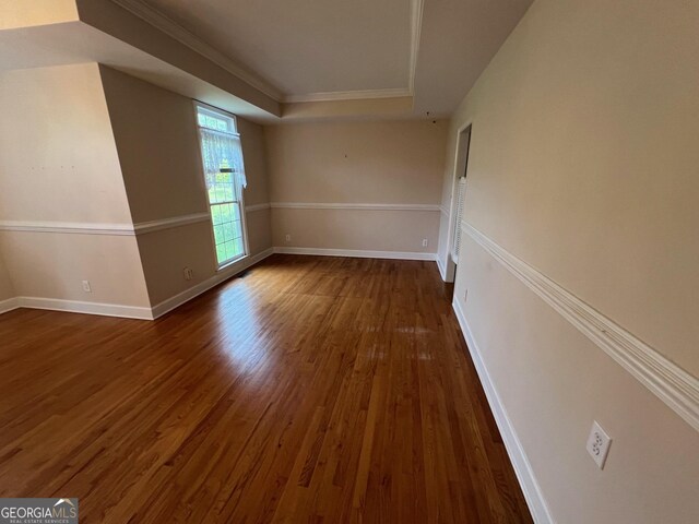 spare room with wood-type flooring and a raised ceiling