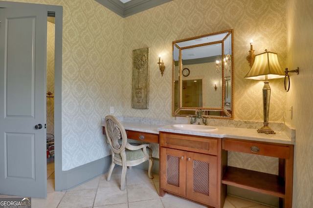 bathroom featuring tile patterned floors, vanity, and ornamental molding