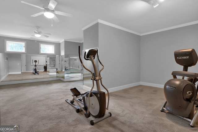 exercise area featuring ornamental molding, light carpet, and ceiling fan