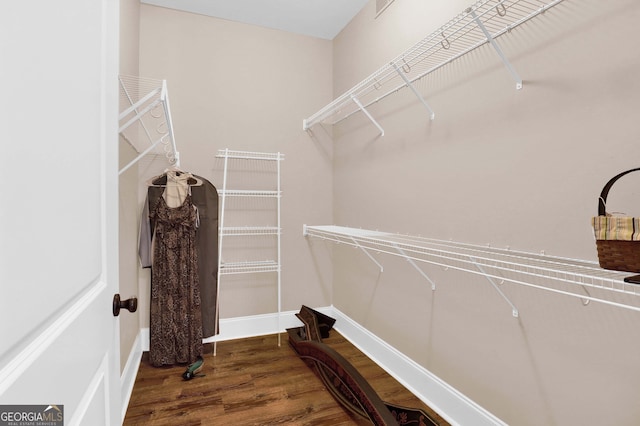 spacious closet with dark hardwood / wood-style floors