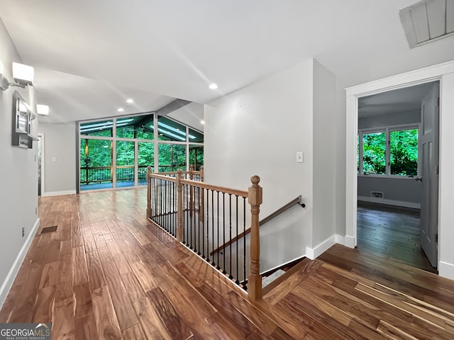 hallway featuring a healthy amount of sunlight, vaulted ceiling, and dark wood-type flooring