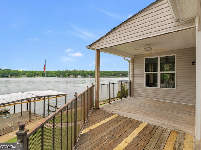 wooden terrace with a water view and ceiling fan