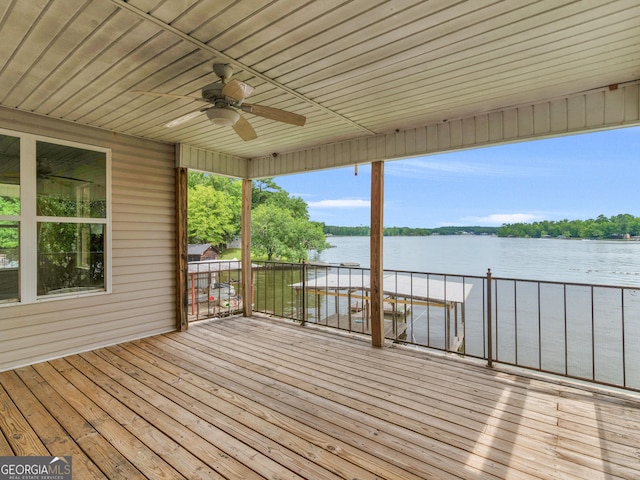 deck featuring a water view and ceiling fan