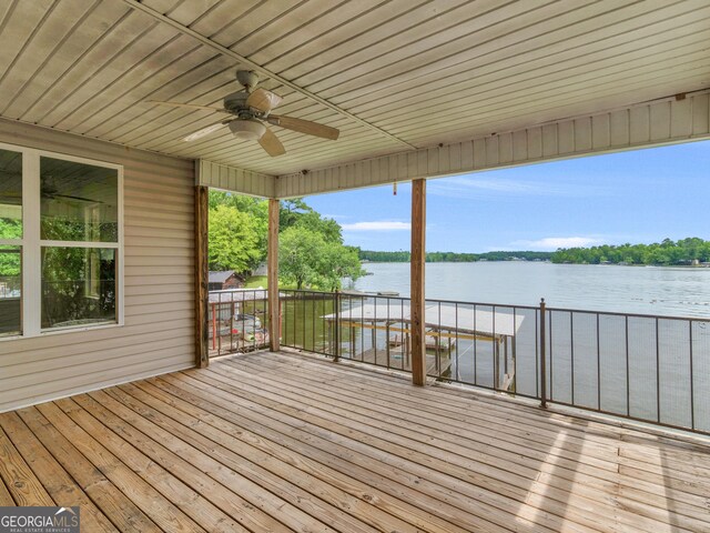 wooden terrace featuring ceiling fan and a water view