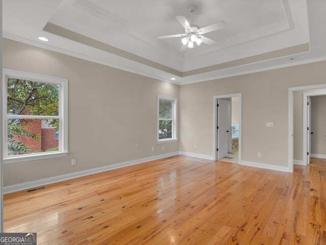 unfurnished room with ornamental molding, a tray ceiling, light hardwood / wood-style floors, and a wealth of natural light