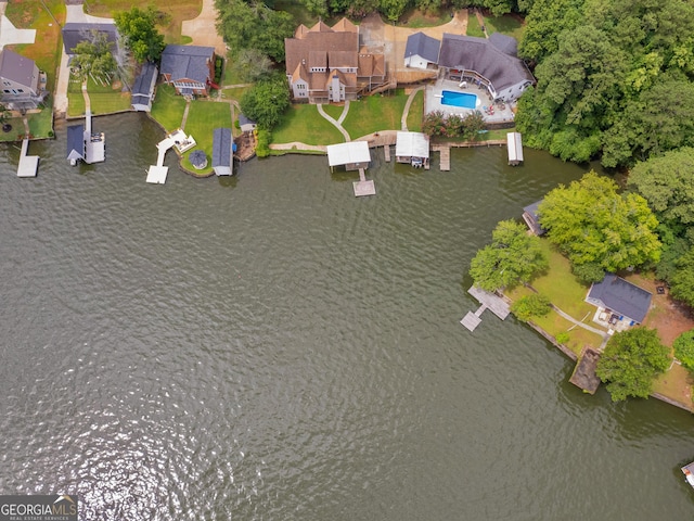 drone / aerial view featuring a water view