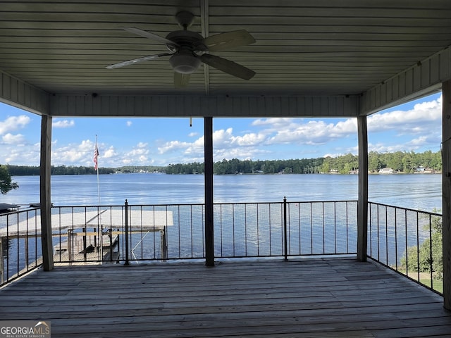 wooden terrace featuring a ceiling fan and a water view