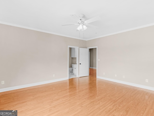 unfurnished room with crown molding, ceiling fan, and light wood-type flooring