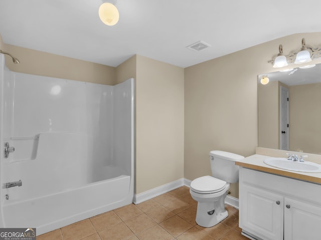 full bath featuring visible vents, tile patterned flooring, vanity, bathing tub / shower combination, and toilet