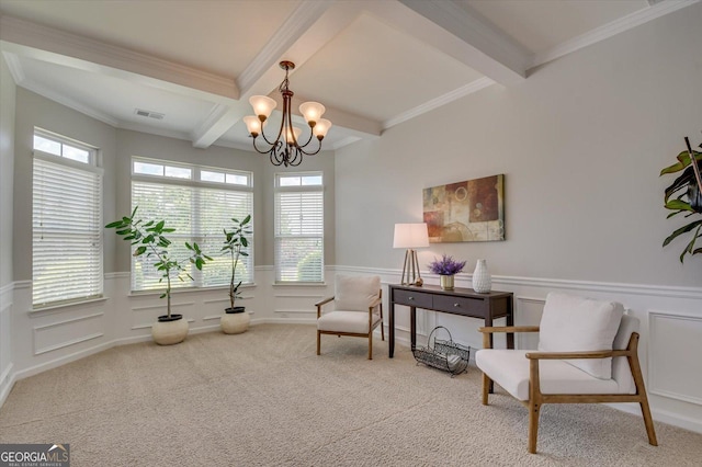 living area with crown molding, beam ceiling, a chandelier, and carpet floors