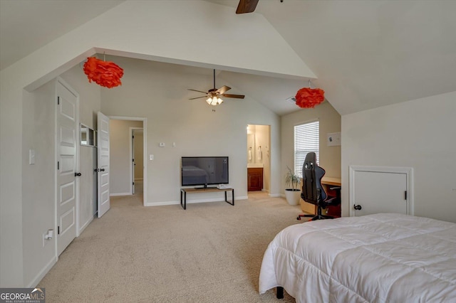 bedroom featuring light carpet and high vaulted ceiling