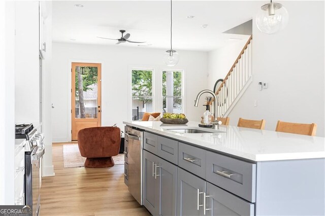 kitchen with gray cabinets, an island with sink, light wood-type flooring, sink, and appliances with stainless steel finishes