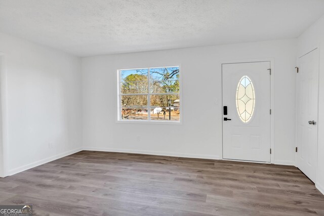 foyer entrance featuring wood-type flooring and a textured ceiling