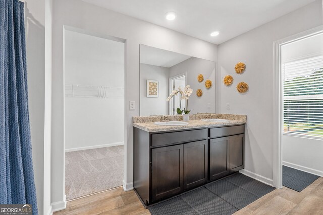 bathroom with hardwood / wood-style floors and vanity