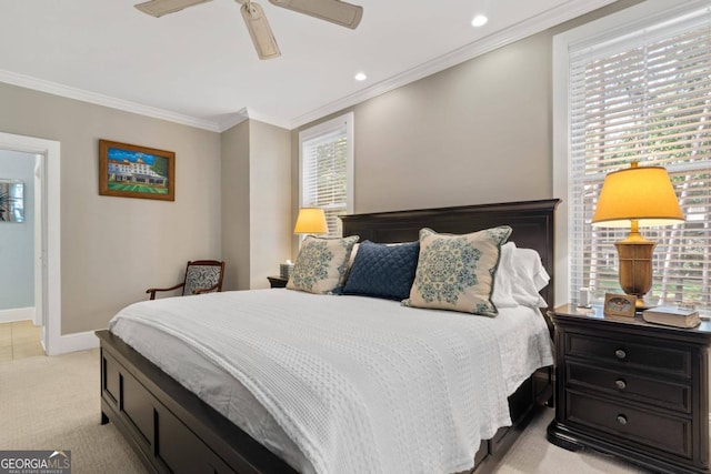 bedroom with light colored carpet, ornamental molding, and ceiling fan