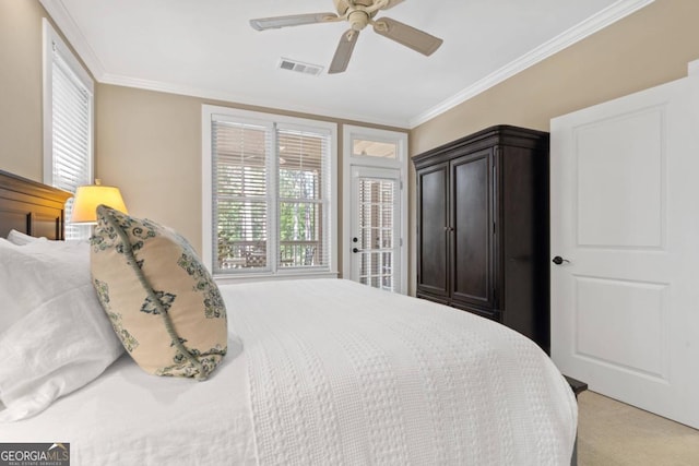 carpeted bedroom featuring crown molding, ceiling fan, and access to outside