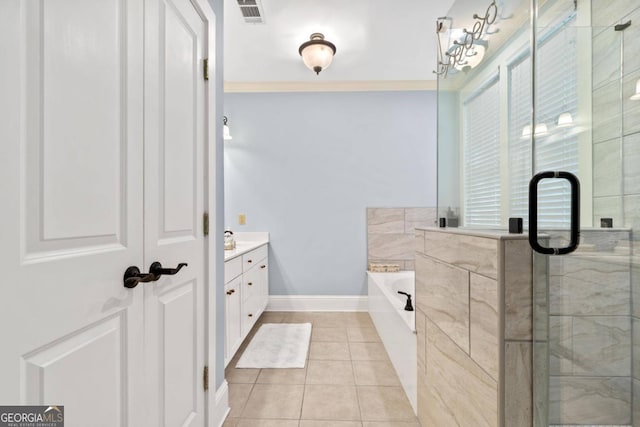 bathroom with vanity, ornamental molding, tile patterned floors, and separate shower and tub