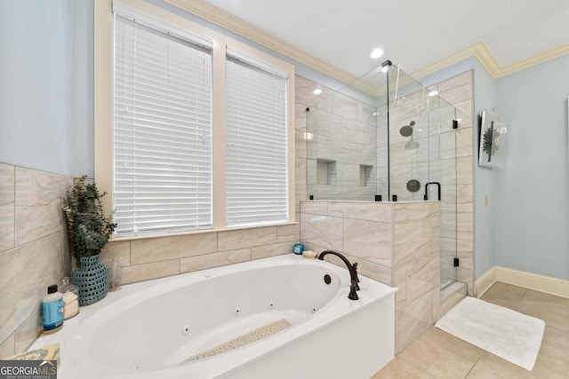 bathroom with ornamental molding, tile patterned floors, and shower with separate bathtub