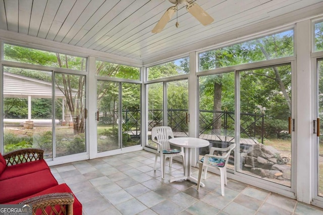 sunroom / solarium with ceiling fan and wooden ceiling