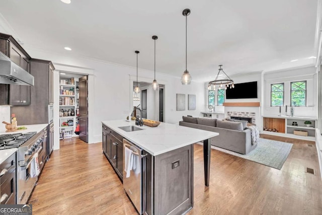 kitchen with dark brown cabinets, light stone counters, stainless steel appliances, light hardwood / wood-style floors, and sink