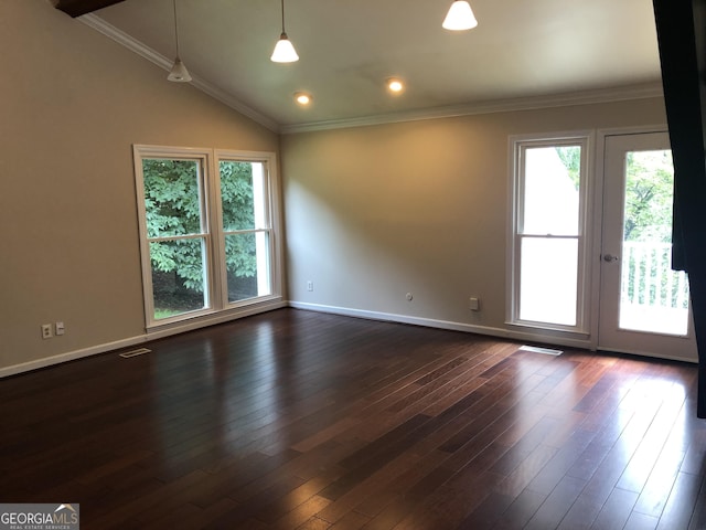 spare room with a wealth of natural light, ornamental molding, dark hardwood / wood-style flooring, and lofted ceiling