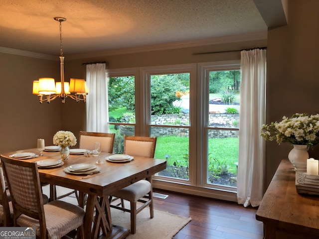 dining space with crown molding, a chandelier, a textured ceiling, and dark wood-type flooring