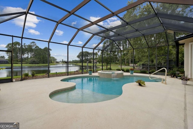 view of pool featuring a patio area, an in ground hot tub, and a lanai