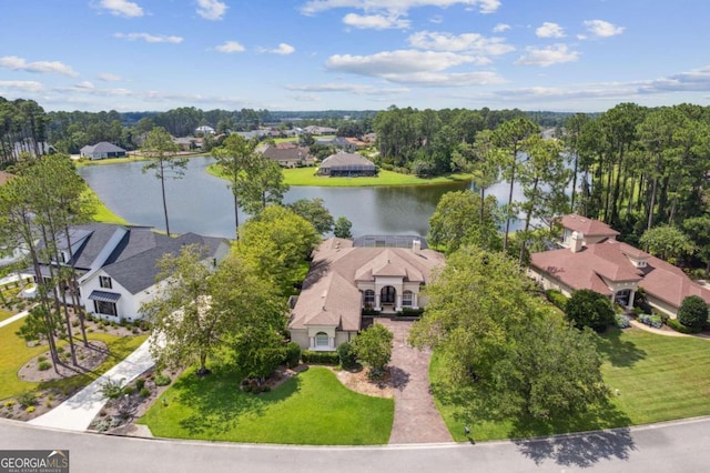 aerial view featuring a water view