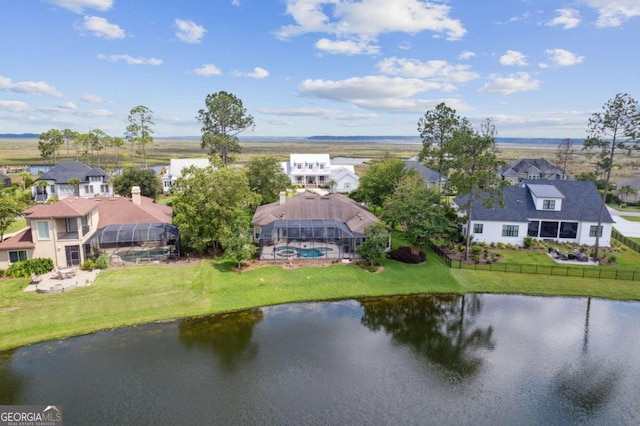 aerial view featuring a water view