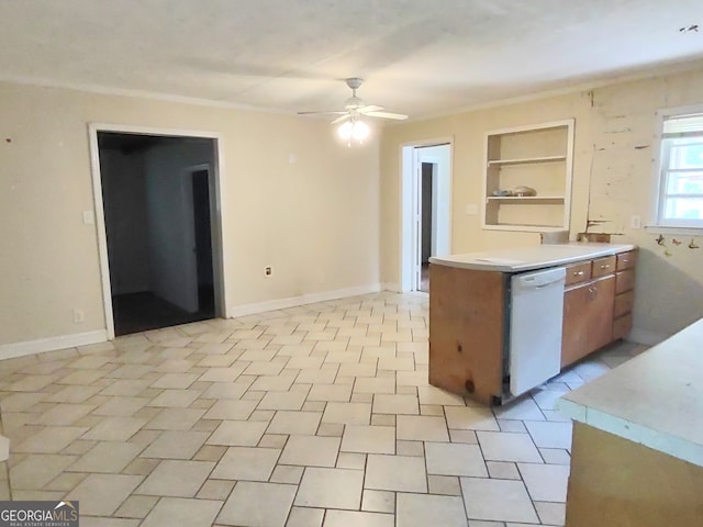 kitchen with ceiling fan, built in features, light tile patterned flooring, and white dishwasher