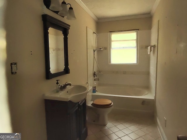 full bathroom with toilet, tile patterned flooring, vanity, crown molding, and shower / tub combination