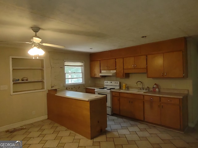 kitchen featuring ceiling fan, light tile patterned floors, sink, white range with electric cooktop, and kitchen peninsula