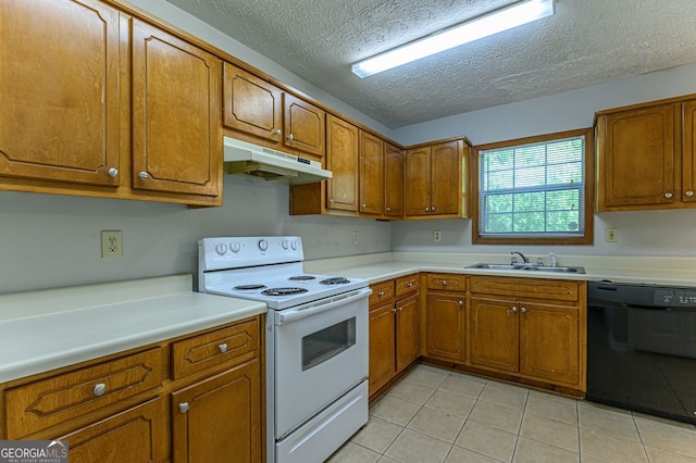 kitchen featuring sink, a textured ceiling, light tile patterned floors, black dishwasher, and white range with electric stovetop