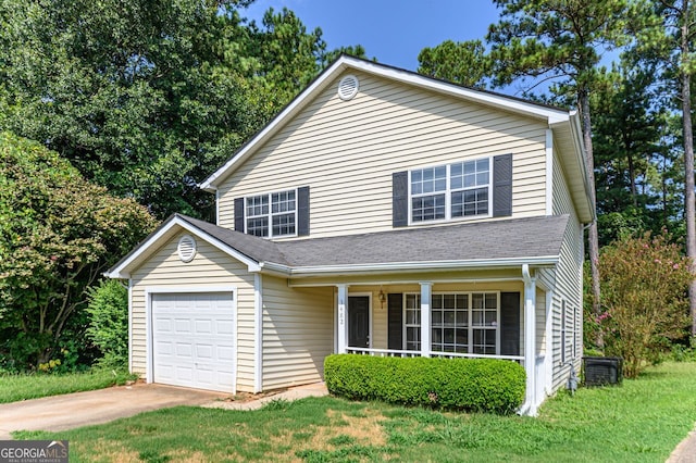 front facade with a garage, a front lawn, and cooling unit