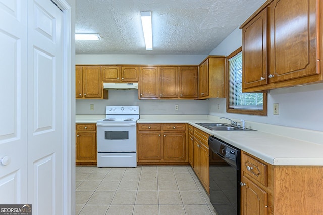 kitchen featuring light tile patterned flooring, dishwasher, sink, a textured ceiling, and electric stove