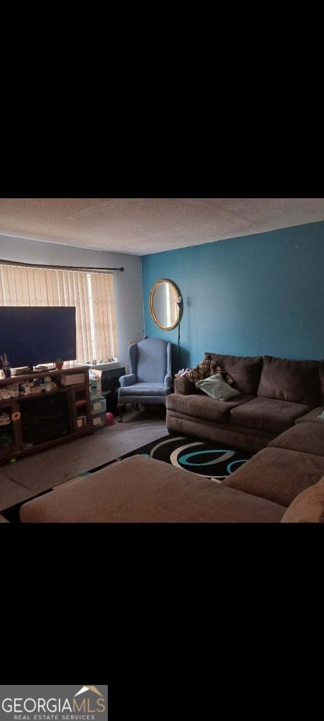 carpeted living room featuring a textured ceiling