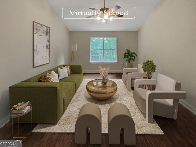 living room featuring lofted ceiling, ceiling fan, and wood-type flooring