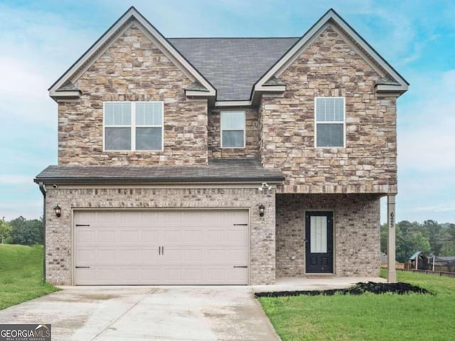 view of front of house featuring a front yard and a garage