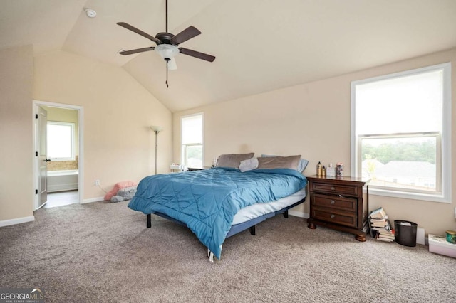 carpeted bedroom with ceiling fan, lofted ceiling, and multiple windows